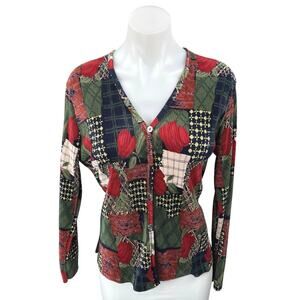 Plisse Red Corduroy Floral Patchwork Long Sleeve Button Up Blouse Top Size L